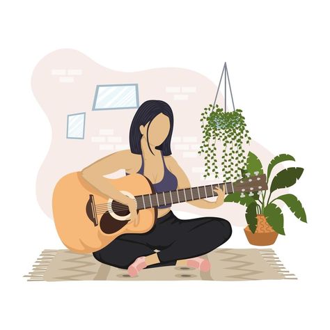 Woman Playing Guitar, Guitar Art Painting, Study At Home, Guitar Artwork, Guitar Drawing, Artistic Pictures, Music Illustration, Cute Animal Drawings Kawaii, Guitar Art