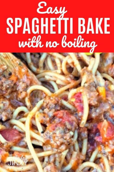 This Easy Spaghetti Bake Recipe starts on the stove and finishes in the oven for a super easy and delicious dinner. Plus there is NO BOILING of the pasta!#pasta #pastabake #spaghetti #easydinner Easy Spaghetti Bake, Spaghetti Bake Recipe, Best Hamburger Casserole Recipes, Spaghetti Baked, Grits Recipes, Oven Bakes, Spaghetti Bake, Ground Beef Pasta Recipes, Spaghetti With Ground Beef