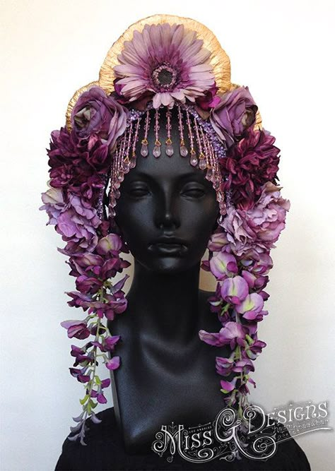 NOT TO MENTION THIS ONE. | Community Post: This Artist Makes The Coolest Headpieces Ever Head Dresses, Flower Headdress, Amethyst Flower, Lavender Amethyst, Head Dress, Magical Jewelry, Head Pieces, Fantasy Costumes, Head Piece