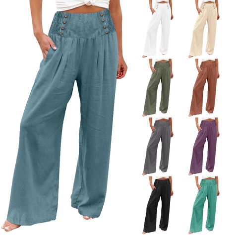 PRICES MAY VARY. 【CHIC DESIGN】: ZsaeSM Wide leg linen palazzo pants with a casual look: smocked high waisted, elastic waist,pull on,tummy control design,business casual style,straight leg,side pockets,loose fit. Perfect to pair with casual blouses or beach shoes. 【MATCH】: ZsaeSM For a beach look, pair them with beach t-shirt or summer tops, or beach shoes.For an work look, pair them with business t-shirt and leather shoes. 【OCCASIONS】: Suitable for Daily wear,Casual, Hang out, Shopping, Work, Go Womens Business Pants, Beautiful Clothes For Women, Linen Palazzo Pants, Long Lounge, High Waisted Palazzo Pants, Beach Trousers, Soft Features, Attractive Style, Summer Pants Women