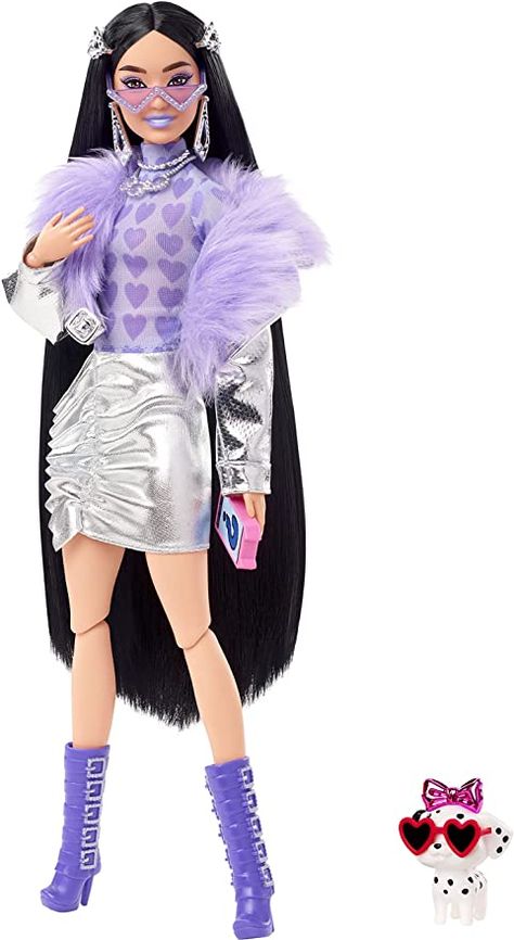 Silver Outfits, Purple Boots, Extra Long Hair, Silver Jacket, Metallic Jacket, Cute Sunglasses, Barbie Fashionista, Barbie Collector, Barbie Collection