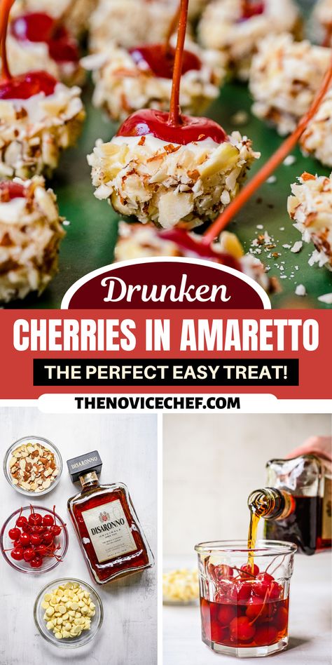 Boozy Treats Easy, Drunken Cherries Recipe Vodka, Chocolate Cherry Amaretto Cookies, Alcohol Cherries Soaked, Liquor Soaked Cherries, Alcohol Soaked Cherries, Liquor Soaked Fruit, White Chocolate Amaretto Cake, Boozy Maraschino Cherries