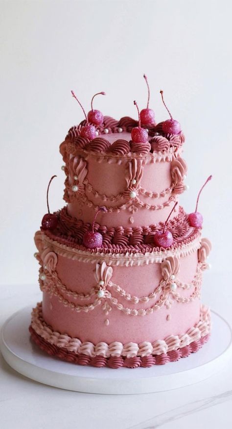 50 Lambeth Cake Ideas for Masterful Cake Decorating : Two-Tier Cake with Glitter Pink Cherries Vintage Style Cake, Lambeth Cake, Tire Cake, Girls First Birthday Cake, Double Layer Cake, Two Layer Cakes, Tiered Cakes Birthday, Vintage Birthday Cakes, Cake Birthday Cake