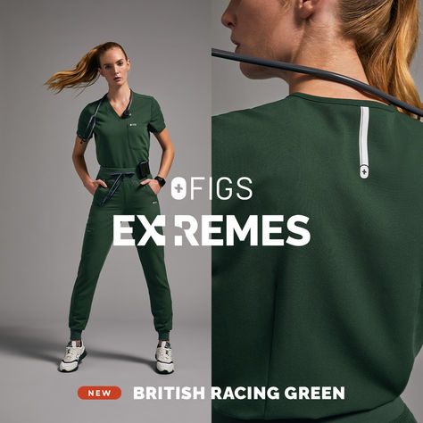 FIGS EXTREMES - BRITISH RACING GREEN Technically advanced products. Inspired by healthcare’s highest stakes. Ready when you are.  SHOP EXTREMES Esthetician Salon, Austin Trip, Pt School, Got Fashion, Night Shift Nurse, Green Scrubs, Green Fig, British Racing Green, Medical Outfit