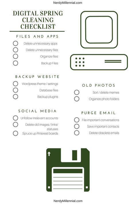 Digital spring cleaning checklist for bloggers - organize your digital life! - Nerdy Millennial Phone Clean Out List, Academic Organization, Digital Decluttering, Digital Declutter, Fall Cleaning Checklist, Digital Photo Organization, Digital Minimalism, Declutter Checklist, Fall Cleaning