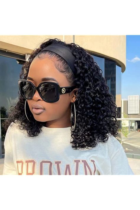 Headband Wig Curly Deep Wave 14 Inches 100% Human Hair ,Headband wigs for black women Glueless None Lace Front Wigs Machine Made 150% Density Kręcony Bob, Curly Hair Headband, Bob Cut Wigs, Wig Curly, Curly Bob Wigs, Hair Headband, Virgin Hair Wigs, Headband Wig, Short Curly Bob