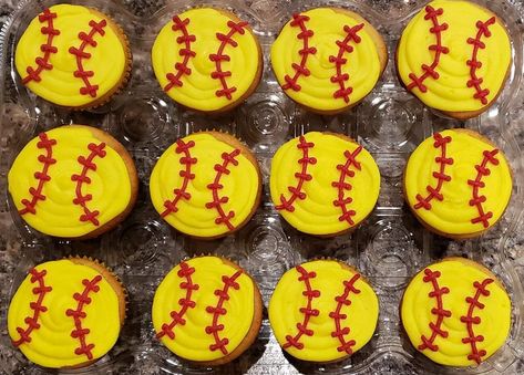 SOFTBALL CUPCAKES  Batter up and step up to the plate! We have a birthday to celebrate! Let the fields and all that is in them be full of joy.-Psalm 96:12 Forheavenscakes2016@gmail.com End Of The Year Softball Party Ideas, Softball Potluck Ideas, End Of Year Softball Party, End Of Season Softball Party Ideas, Softball Birthday Party Decorations, Softball Birthday Party Ideas Food, Softball Bake Sale Ideas, Softball Dessert Ideas, Softball Desserts