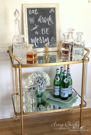 Eat, Drink and BE Merry Chalk Art - Bev Cart Decor - artsychicksrule.com  #freeprintable #eatdrinkbemerry Bev Cart, Christmas Bar Cart, Budget Christmas, Chalk Paint Makeover, Repurposed Decor, Eat Drink And Be Merry, Gold Bar Cart, Home Bar Design, Tea Cart