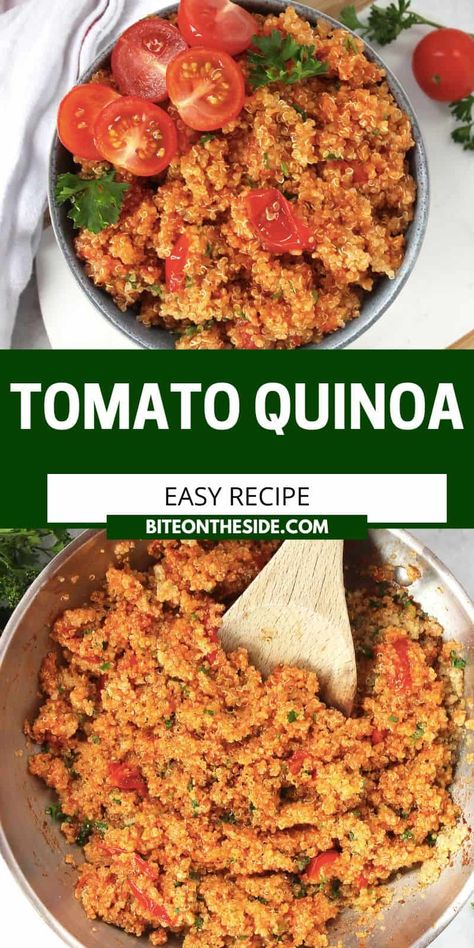 Tomato Rice Side Dish, Sun Dried Tomato Quinoa, Quinoa Tomato Recipes, Quinoa And Tomato Recipes, Roasted Tomato Quinoa, Easy Dinner Recipes With Cherry Tomatoes, Tomato Basil Quinoa, Quinoa With Tomatoes, Tomato Vegan Recipes