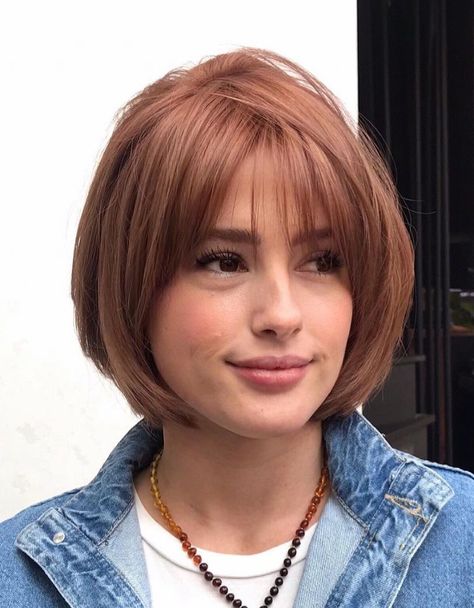 Short Rounded Layered Bob with Bangs Short Layered Bob Haircuts, Short Bobs With Bangs, Tan Skin Blonde Hair, Sophisticated Hairstyles, Layered Bob Haircuts, Layered Bob Short, Bob Hairstyles With Bangs, Chin Length Hair, Bob Haircut With Bangs