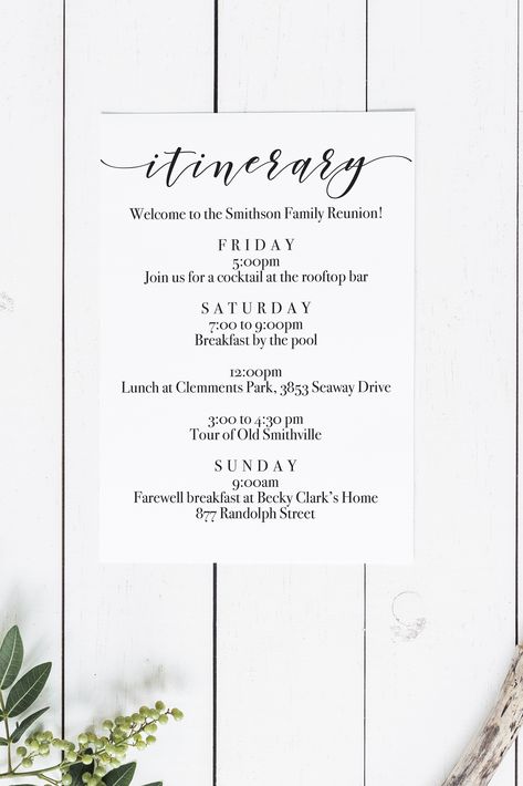 Download this free printable to make custom itineraries for your wedding weekend, welcome bags, or any other event. #diy #itinerary #weddingwelcome Free Bachelorette Itinerary Template, Birthday Weekend Itinerary, Itinerary Template Free, Bachelorette Party Itinerary Template, Bachelorette Invites, Weekend Itinerary Template, 50th Birthday Themes, Wedding Itinerary Template, Wedding Weekend Itinerary