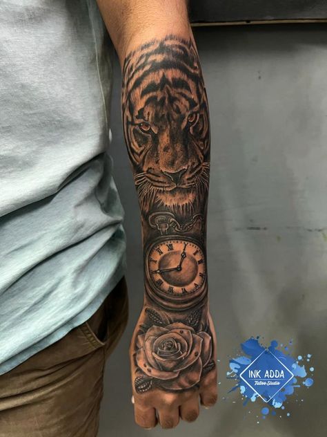 Tiger Rose Tattoo Men, Lion Tattoo Inner Forearm, Clock Forearm Tattoo Men, Men Tiger Tattoo, Tiger Tattoo Design Men Forearm, Hand And Arm Tattoos For Guys, Clock And Rose Tattoo Design For Men, Clock Tattoo Design For Men Forearm, Hand And Forearm Tattoo For Men