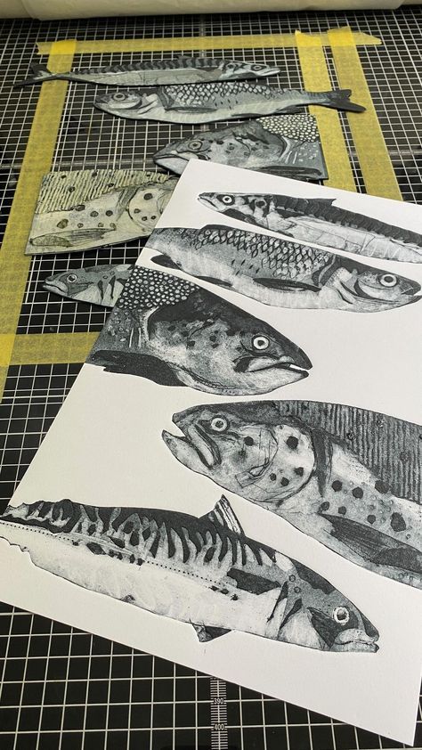 Jenny Mccabe, Collagraph Printmaking, Linocut Printmaking, Mount Board, Dead Fish, Hand Carved Stamps, Brook Trout, Linocut Art, Gelli Printing