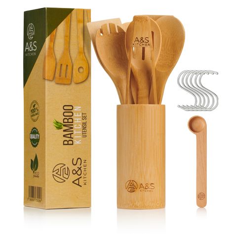 ★ KITCHEN ESSENTIALS ★ This marvellous set contains 8 tools, including a utensil holders as well as a wooden spatulas for cooking, forks, kitchen tongs, serving spoon, utensil pot and wooden spoons cooking delicious meals for your friends and family. Prep, cook and serve your freshly cooked food with your cooking utensils, high quality kitchen accessories. Wooden Cooking Utensils Set, Bamboo Cooking Utensils, Wood Cooking Utensils, Wooden Utensils Set, Wooden Cooking Utensils, Kitchen Utensils Set, Bamboo Utensils, Bamboo Construction, Utensil Storage