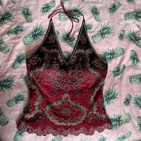 Vintage y2k Aftershock beaded halter top Outer 100%... - Depop Maroon Halter Top, Halter Tops Outfit, Jacaerys Velaryon, Y2k Halter Top, Vintage Halter Top, Beaded Halter Top, Red Halter Top, Y2k Tank Top, Bead Inspiration