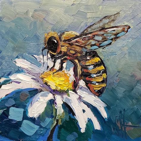 Bee On A Flower Painting, Whimsical Bee Art, How To Paint A Bee, Bee Oil Painting, Beekeeper Art, Honey Bee Painting, Painted Bees, Bee Painting, Studio Ghibli Art