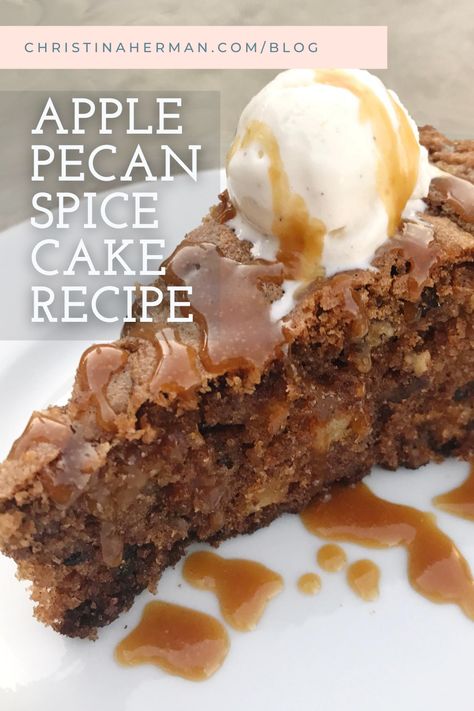 This apple spice cake combines the best parts of autumn--sweet, floral apples, warm spices, crunchy pecans and gooey caramel--into an irresistible, mindblowingly delicious dessert. Company Spice Cake 12 Tomatoes, Apple And Nuts Cake, Apple Pecan Spice Cake, Gooey Apple Cake, Company Spice Cake, Apple Pecan Dessert Recipes, Pecan Apple Cake, Caramel Apple Pecan Cake, Apple Pecan Recipes