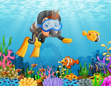 Cartoon boy diving in the sea Jellyfish Painting, Sea Illustration, Under The Sea Theme, Cartoon Boy, Kids Adventure, Art Drawings For Kids, Water Painting, Paper Sculpture, Scuba Diving