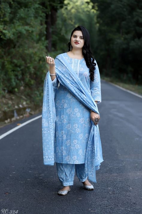 Rate : 1345/- Get your wardrobe with this stylish outfit. Beautiful three piece suit in our amazing hand block printed cotton kurti pant duppata set. Afgnai stylish bottom relax look for every size body. Length of kurta 45-46" Length of pant 38-39" Duppata length 2.4 meter Work - beautiful crosia lace & handwork *Size 38* Frock Pant Suit Designs, Suit Designing With Laces, Bottom Suit Design, Beautiful Suit Design For Women, Simple Cotton Suit Designs Latest, Suits Pattern Women Indian, New Cotton Kurti Designs, Simple Cotton Suits, Cotton Printed Suits Design