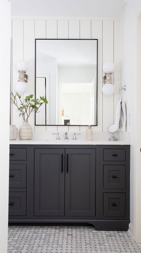 Dark Gray Shaker Vanity With White Countertop And Marble Floor Dark Gray Bathroom, Bathroom Mirror Ideas, Grey Bathroom Vanity, Mirror Ideas, Transitional Bathroom, Boys Bathroom, Downstairs Bathroom, Upstairs Bathrooms, Bathroom Update