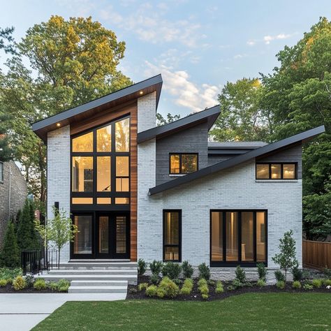 Discover your dream home in modern elegance. 🏡 This split-level masterpiece blends white brick and grey siding with warm wooden accents, creating a stunning contemporary look. Slanted roofs, large windows, and sleek black frames add to the dynamic vibe. Surrounded by nature's beauty, this is where style meets serenity. 🌳🌿 #ModernHome #ArchitectureDesign #DreamHome #ContemporaryLiving #HouseGoals #RealEstate #LuxuryLiving #HomeDesign #minimalistdesign Modern Split Level Exterior, Slant Roof House, Modern Grey House Exterior, Black And White Home Exterior, White Home Exterior, Split Level Exterior, Slanted Roof, Modern Brick House, Temple House