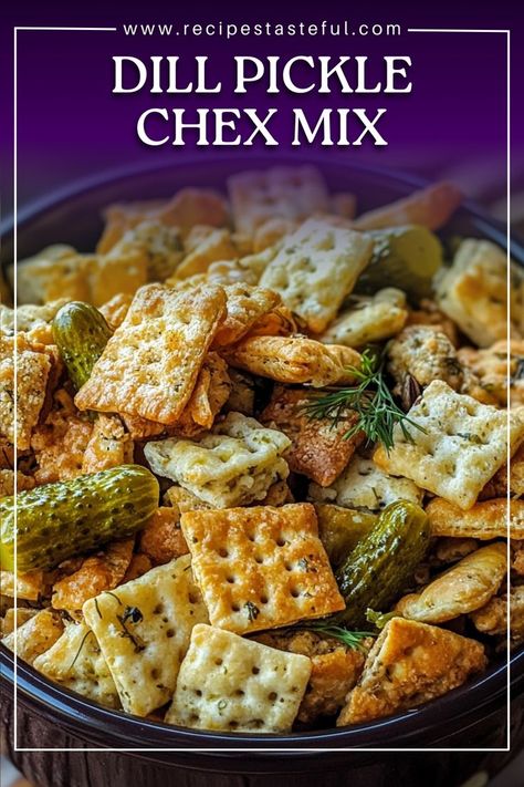 A zesty and crunchy snack mix featuring Chex cereal, pretzels, peanuts, and mini breadsticks, all coated in a flavorful dill pickle seasoning. Perfect for parties, movie nights, or a quick treat! Dill Pickle Nuts And Bolts, Dill Ranch Chex Mix Recipes, Chex Mix Recipes With Rosemary, Seasoned Pretzels Ranch Dill, Chex Mix Recipes Gf, Dill Chex Mix Recipes, Snack Mix Gluten Free, Dill Pickle Pretzels, Pickle Tray Ideas Parties