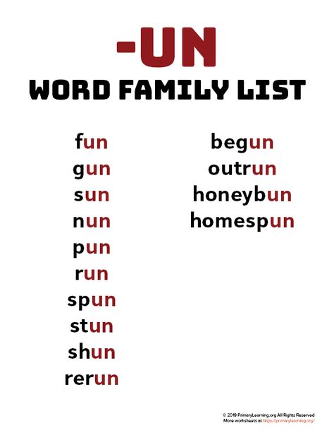 Using word families can help teach beginning spellers that words contain and share patterns. Use this word family list to introduce the sound of words ending with UN. #worksheets #printables #phonics #wordfamily Word Family List, Phonics Chart, Word Family Worksheets, Phonics Sounds, English Phonics, Phonics Lessons, Phonics Words, Word Family, Phonics Reading