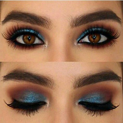 Green Eyeliner Looks For Brown Eyes, Make Up Inspo Brown Eyes, Bright Makeup Looks Eyeshadows, Blue Eyeshadow Brown Eyes, Pop Of Color Eyeshadow, Make Brown Eyes Pop, Blue Eyeshadow For Brown Eyes, Teknik Makeup, Makeup Cantik