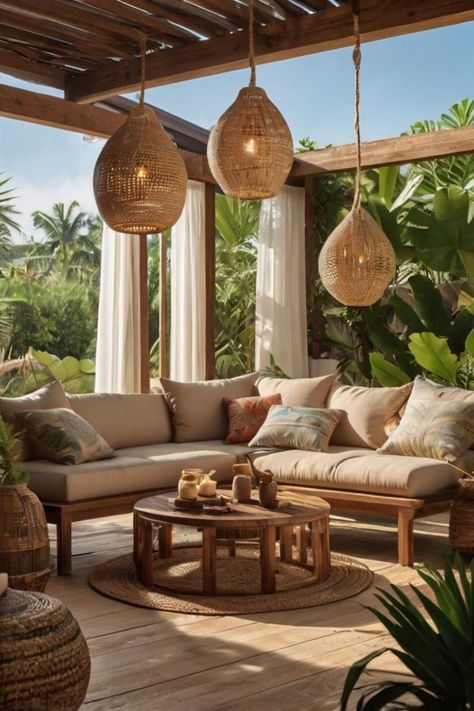 Chic small backyard design with rattan furniture and string lights. Rattan Patio Furniture, Mini Pool, Small Backyard Ideas, Cozy Backyard, Cozy Outdoor, Fire Pits, Backyard Ideas, Tropical Plants, Small Backyard