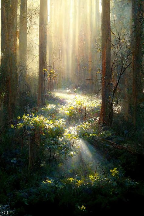 Forest Sunlight Painting, Sun Through Trees Painting, Magic Forest Painting, British Forest, Magical Forest Painting, Door Reference, Forest In Spring, Woods Painting, Forest Oil Painting