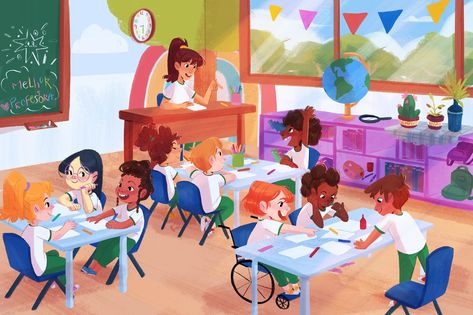 Lais Oliveira on Behance Kindergarten Classroom Illustration, Art Class Illustration, Classroom Illustration Art, Classroom Illustration School, Kindergarten Illustration, Classroom Illustration, Teacher Illustration, Storyboard Ideas, Book Illustration Design