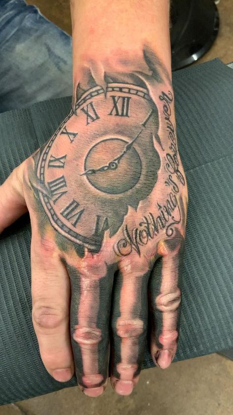 Nothing Lasts Forever Tattoo Hand, Good Hand Tattoos For Men, Clock Hand Tattoos For Guys, Family Hand Tattoos For Men, Palm Size Tattoos Ideas Men, Hand Tattoo Ideas For Men Unique, Hands Tattoo Men, Men’s Hand Tattoo Ideas, Hand Tattoos For Guys Ideas Design