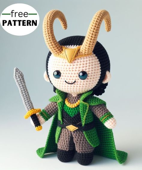 Create an adorable crochet Loki amigurumi with this detailed pattern. Perfect for Marvel fans and collectors, this mischievous god of mischief is a must-have addition to any crochet superhero collection! Green And Gold Outfit, Crochet Superhero, Amigurumi Pattern Free, Superhero Dolls, God Of Mischief, Disney Crochet Patterns, Crochet Disney, Gold Outfit, Adorable Crochet