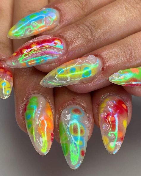 💗🦖🫧🐡🐳🍓🌼🪲🦕 Blooming 3D aurora freestyle for Jeanne ✨ on bitten nails . US method // GelX tips @apresnailofficial . . . . #nailart #nails #… | Instagram post from 💮NAILART // TOULOUSE🇫🇷 (@lenavitch.nailz) Blooming Gel Nails, Bitten Nails, Nails Board, Blooming Gel, Junk Nails, Aqua Nails, Nail Biting, 3d Nail Art, Funky Nails