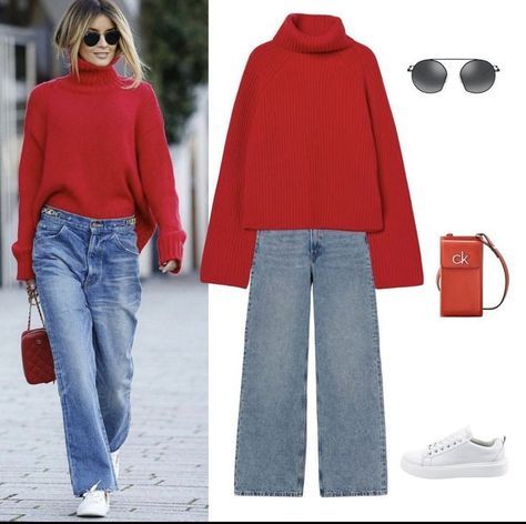 Look Jean, Cooler Look, Over 50 Womens Fashion, Red Sweater, 가을 패션, Classic Outfits, Winter Fashion Outfits, Fall Winter Outfits, Outfits Casuales