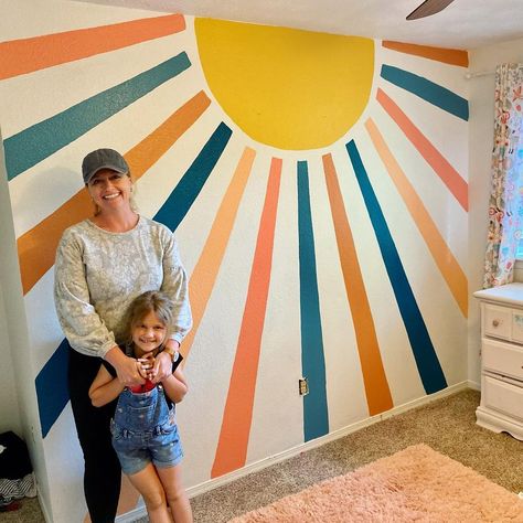 Playroom Painted Mural, Play Room Wall Painting, Toddler Bedroom Wall Ideas, Mural For Playroom, Rainbow Painted Room, Kid Room Mural, Easy Playroom Wall Mural, Fun Wall Paint, Kids Murals