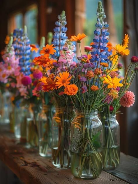 Wildflower Wedding Theme, Recycled Wine Bottles, Rustic Wedding Reception, Diy Pom Pom, Boda Mexicana, Long Island Wedding, Outdoor Wedding Reception, Wildflower Wedding, Deco Floral