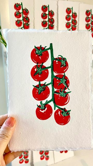 Danielle Lee Art • Printmaker on Instagram: "Printing and prepping tomatoes for a shop restock!! Make sure to follow along for updates so you don’t miss it!!! 🥰❤️🍅 • • • • • • • • #etsyartists #printmaking #blockprinting  #tomatoes #🍅 #inthegarden #foodart #kitchenart #artreel #artinprogress" Veggie Linocut, Tomato Linocut, Printmaking Ideas, Carved Stamps, Spring Semester, Hand Carved Stamps, Linoleum Block, Lino Cut, Clothing Designs