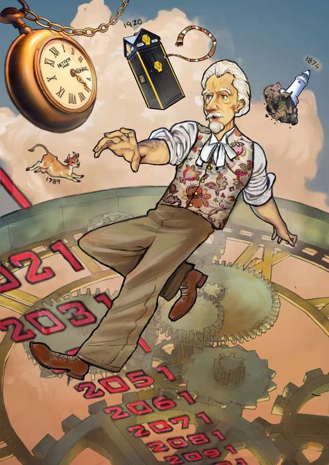 An illustration done for Gallery magazine on time travel with a retro look. I did 'Dr Who' type idea with a Jersey slant... Time Travel Artwork, Time Capsule Illustration, Time Travel Drawing Ideas, Time Travel Illustration Art, Time Travel Poster, Time Travel Story Ideas, Time Travel Graphic Design, Time Travel Art Fantasy Inspiration, Time Travel Drawing