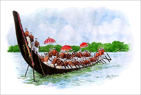 Boat race by Abdul salim - Artist / Illustrator Onam Images, Portraiture Artist, Boat Drawing, Indian Illustration, Happy Onam, Watercolor Art Journal, Kerala Mural Painting, Boat Painting, Boat Race