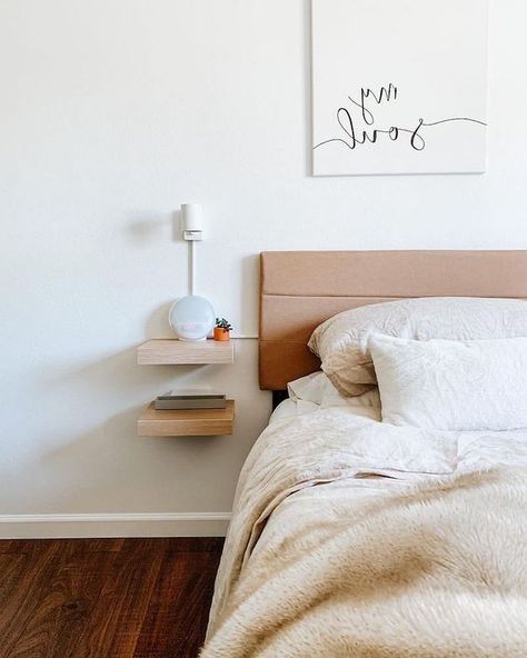 Picture of a tiny floating nightstand of two shelves looks minimalist and laconic and gives you storage space Floyd Bedside Table, Small Floating Nightstand, Floating Shelves Nightstand, Floating Bedside Table Ideas, Floating Nightstand Bedroom, Floating Nightstand Ideas, Floating Bedside Shelf, Square Floating Shelves, Bedroom Concept