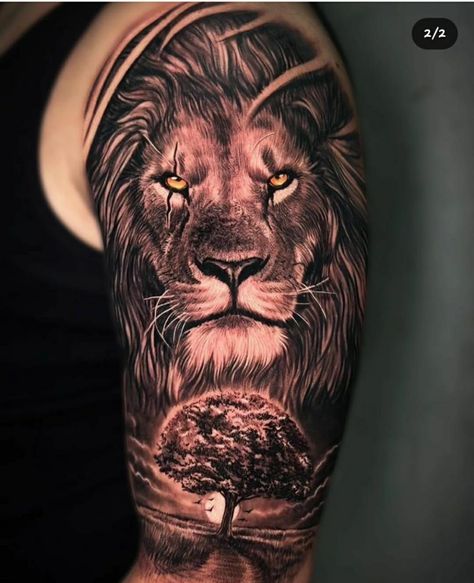 Jungle Lion Tattoo, Big Cat Tattoo Sleeve, Lion Sleeve Tattoo Men Ideas, Lion Tattoo Half Sleeve, Leones Tattoo, Lion Sleeve Tattoo, Trending Tattoo Designs, Leo Lion Tattoos, Roaring Lion Tattoo