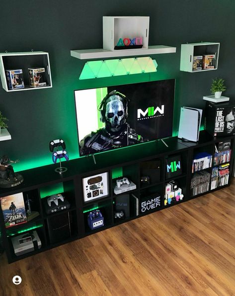 Playstation Game Room Ideas, Xbox Game Room Ideas Man Caves, Gamer Man Cave Ideas, Multiple Game Console Setup, Xbox Setup Ideas, Game Room Tv Wall Ideas, Console Gaming Room, Men’s Game Room, Video Game Room Ideas For Adults