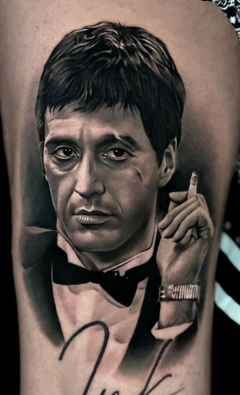 Scarface Leg Tattoo, Scarface Background, Cheguvera Tattoo, Portraits Tattoo Ideas, Good Fellas Tattoo, Dead Presidents Tattoo, Chalino Sanchez Tattoo, Al Pacino Tattoo, Joker Portrait Tattoo