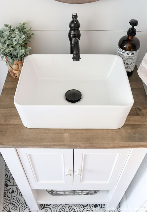 DIY Farmhouse Style Vanity Combo Vessel Sink Wood Counter-12 Vessel Sink Ideas, Vessel Sink Vanity, Small Bathroom Sinks, Small Bathroom Vanities, Small Sink, Diy Concrete, Downstairs Bathroom, Vessel Sink Bathroom, Upstairs Bathrooms