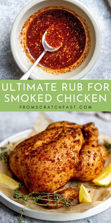 This rub for smoked chicken is easy to make, is packed with flavor, and it will keep your meat moist and tender. It's the perfect go-to recipe for whole smoked chicken, and it's also incredible on smoked wings, breasts, chicken legs and more. The rub acts like a dry brine, drawing in moisture to keep the meat moist while smoking. The spice rub ensures your chicken stays moist and tender but also makes the skin crispy and flavorful. Chicken Recipe | Spice Blend Chicken Rubs For Smoker, Smoked Chicken Rub Recipe, Rub For Smoked Chicken, Sweet Rub Recipe, Smoked Chicken Brine, Chicken Rubs, Smoked Chicken Rub, Chicken Rub Recipes, Wedding Recipes