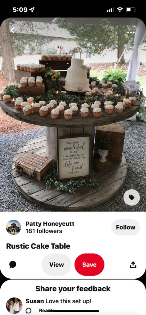 Simple Elopement Ideas, Rustic Cake Tables, Western Theme Cakes, Outdoor Wedding Cake, Barn Wedding Cakes, Cable Spool Tables, Wooden Spool Tables, Weddings On A Budget, Wedding Cake Table Decorations