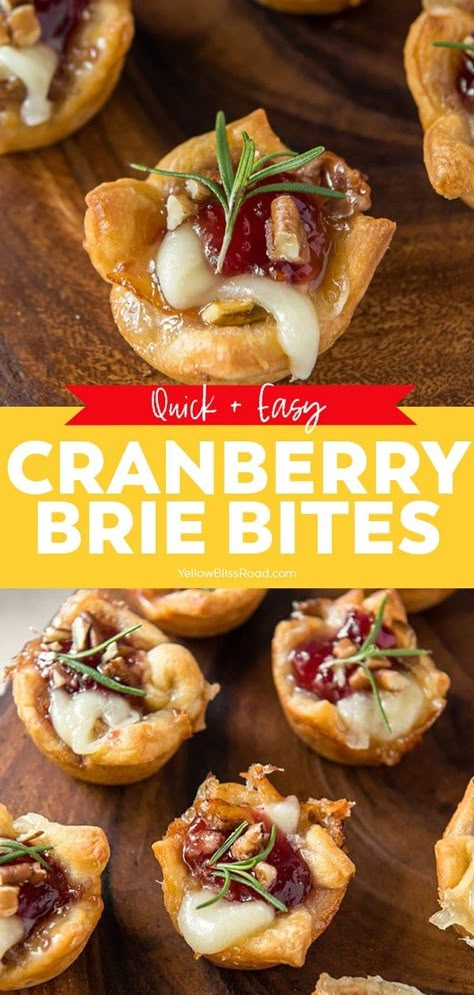 Cranberry Brie Bites are a sweet and tangy bite-sized appetizer. Creamy baked brie in a flaky crescent roll cup topped with sweet cranberry orange sauce. Nye Appetizers, Thanksgiving Apps, Cranberry Brie Bites, Holiday Apps, Cranberry Brie, Cheesy Appetizer, Brie Bites, Fall Appetizers, Classic Appetizers