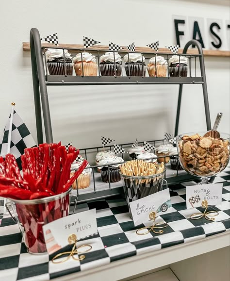 Race Car Birthday Party Dessert Table, Speedway Birthday Party, Two Fast Treat Table, Racecar Birthday Party Snacks, Gear Shift Cake Pops, Car Birthday Party Snacks, 2 Fast Birthday Party Food Ideas, Dirtbike Birthday Party Food Ideas, Two Fast Food Table