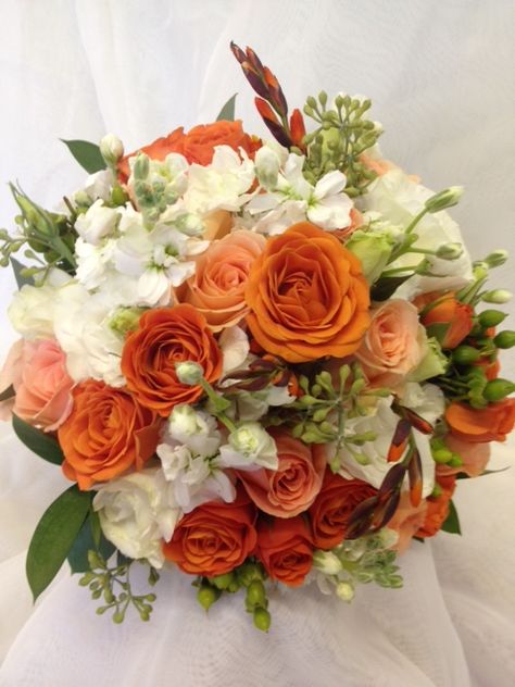 orange and white Wedding Bouquets Orange And White, White And Burnt Orange Wedding Flowers, Orange And White Wedding Theme, Orange Rose Bouquet Wedding, Orange And White Flower Bouquet, Orange Quinceanera Theme, Orange And White Flower Arrangements, Orange Bouquet Flowers, Orange Flower Centerpieces